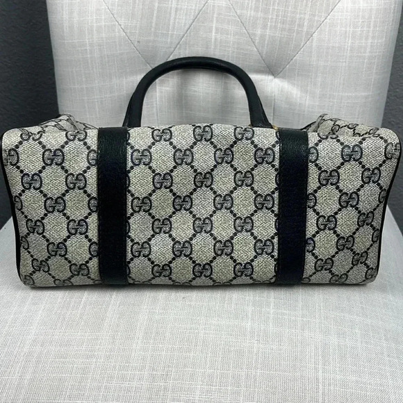 Vintage Gucci Boston Hand Bag Satchel Purse Monogram Navy Canvas Leather - Picture 4 of 16